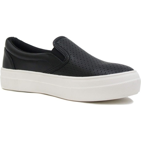 Soda Shoes - Women's Slip-On Platform Sneakers Memory Foam Faux Leather Black Size 9